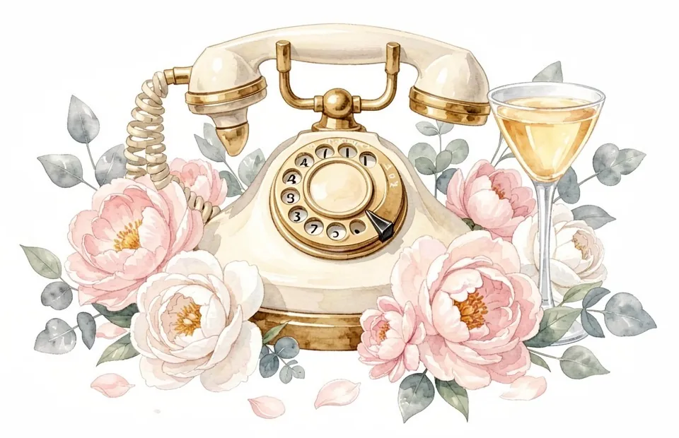 Watercolor of an ivory and gold rotary telephone among blush peonies, eucalyptus and a glass of champagne